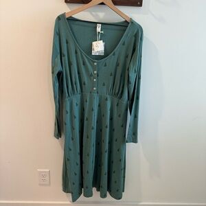 NWT Kate Quinn Organic Cotton Blend Green Christmas Tree Print Midi Dress 1X